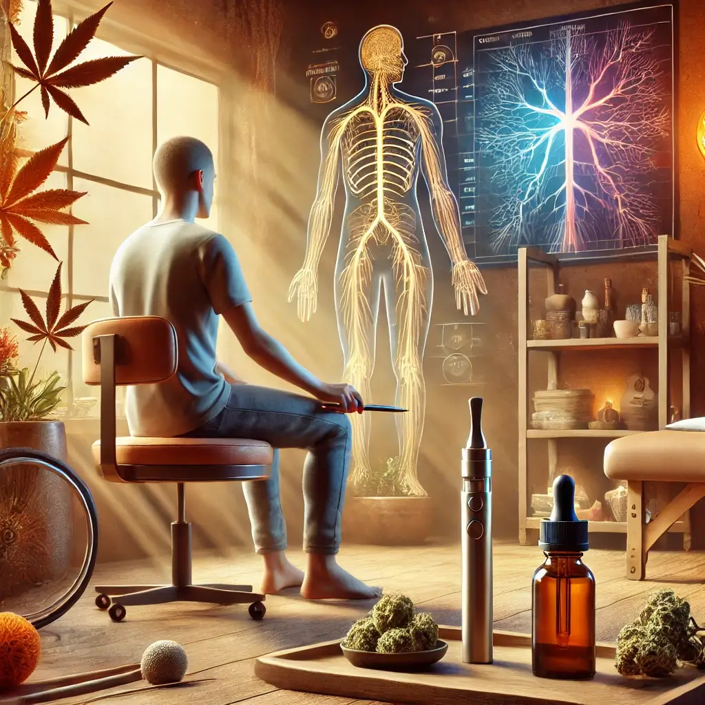DALL·E 2024 10 22 22.07.43 An image depicting the use of THC in managing neuropathy symptoms. The scene shows a person sitting comfortably on a chair using a THC vape pen with
