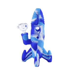 Silicone and Glass Rocket Ship Mini Bong - White Blue