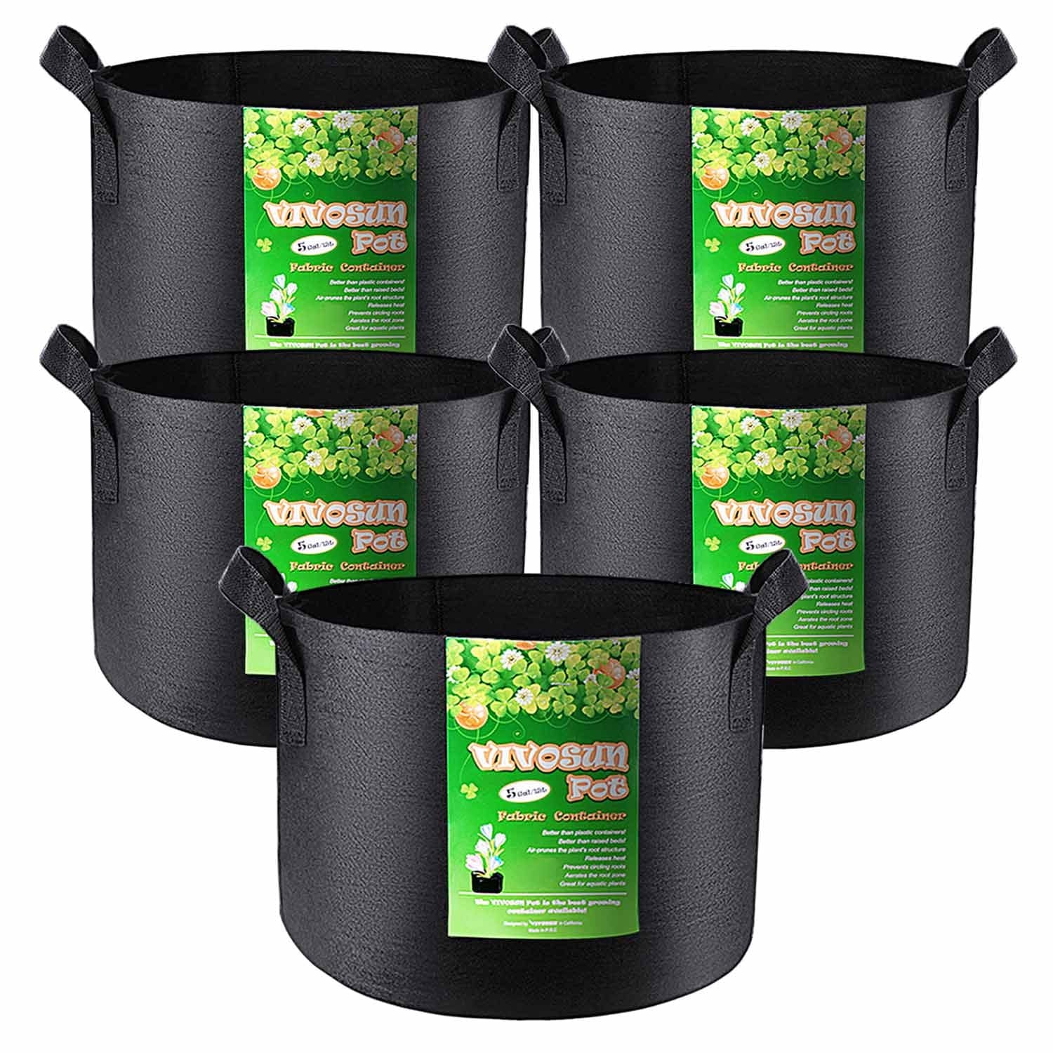 5-Pack 5 Gallon Grow Bags Heavy Duty 300G Thickened Nonwoven Plant Fabric Pots with Handles