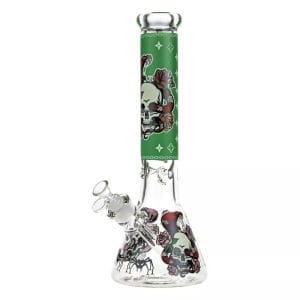 Beaker Ice Bong with Glow in the Dark Snake and Skull Print - Green