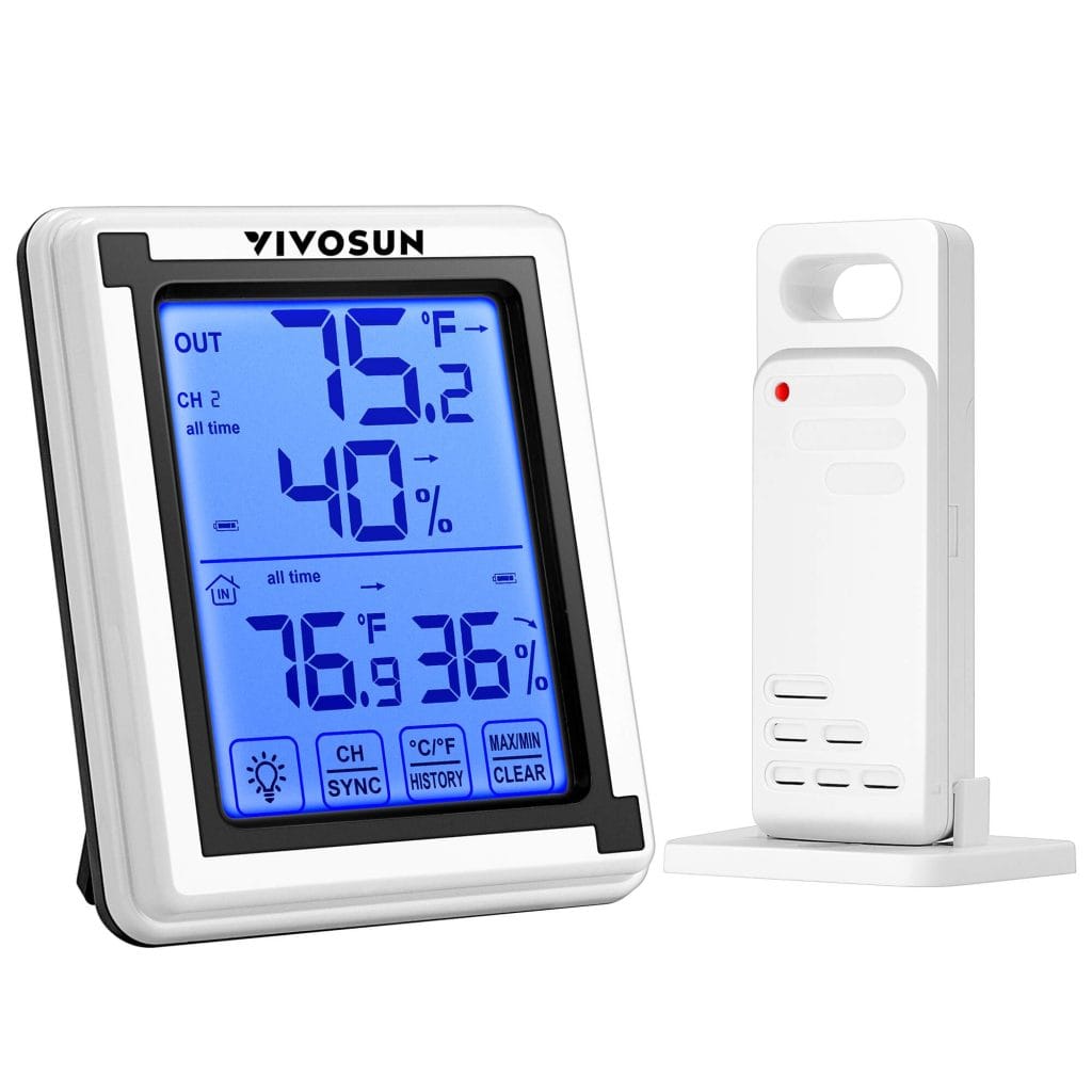 Indoor Outdoor Thermometer Wireless Digital Hygrometer Temperature and Humidity Monitor with Touchscreen LCD Backlight, 200ft/60m Range, Battery Inclu