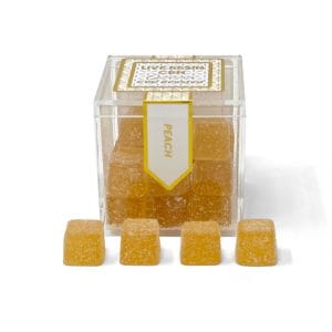 Peach-flavored gummies in clear container