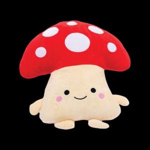 Cute plush mushroom with smiling face.