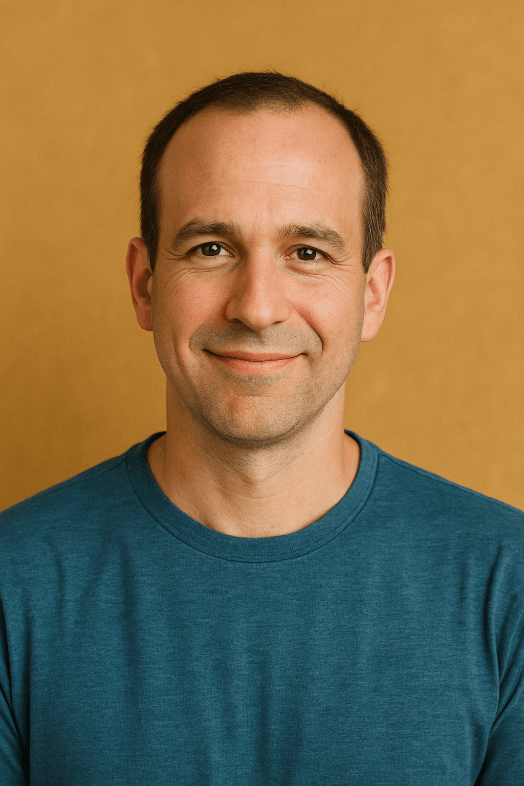 Person in blue shirt, neutral background.