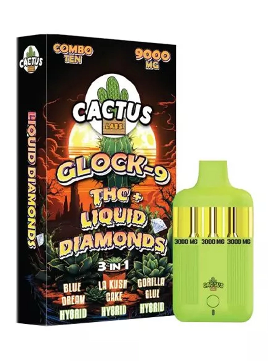 Blue Dream | LA Kush Cake | Gorilla Glue Cactus Labs Glock 9 THC + Liquid Diamonds 3in1 Vape 9000mg