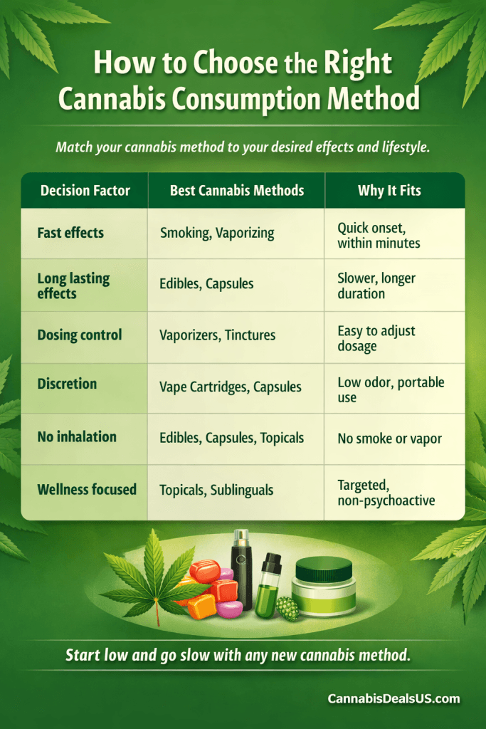 How to choose a cannabis consumption method comparing onset speed, duration, dosing control, discretion, and inhalation options