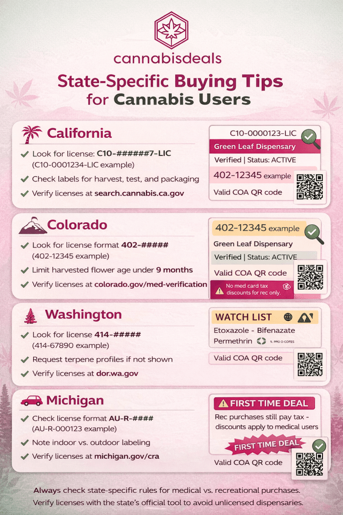 State-specific cannabis buying recommendations infographic showing CannabisDeals branding, license formats, verification steps, and lab result checks for California, Colorado, Washington, and Michigan.