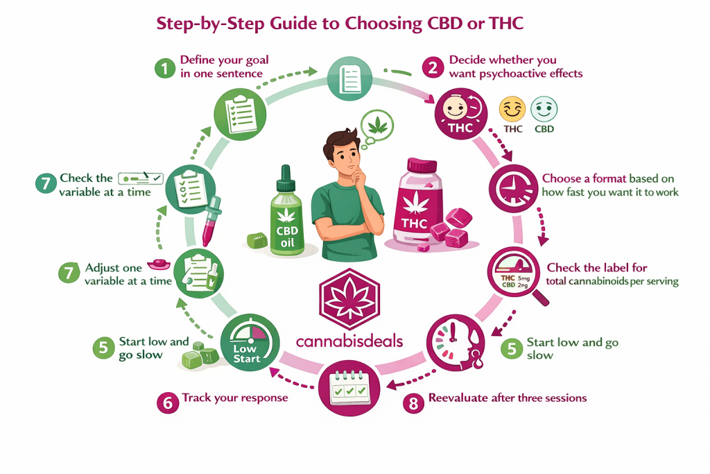 Step by step visual guide showing how beginners can choose between CBD and THC based on goals, effects, format, and dosing