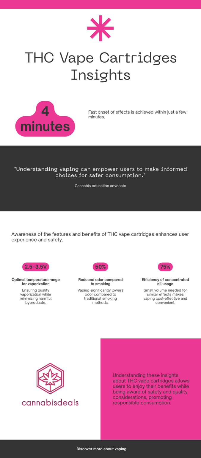 Infographic highlighting safety and quality insights for THC vape cartridges, including lab testing, additives, heat levels, and device compatibility