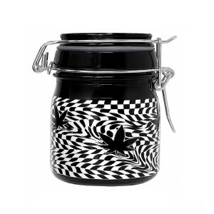 CHECKERBOARD LEAVES STORAGE JAR WITH CLAMPING LID - 3.5 INCH / Black & White