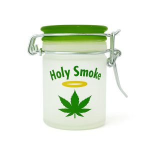 FROSTED GLASS HOLY SMOKE AIRTIGHT GREEN LID STORAGE JAR
