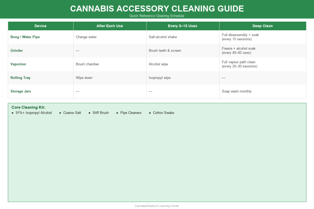 Cannabis accessory cleaning guide quick reference schedule for bong, grinder, vaporizer, rolling tray and storage jars
