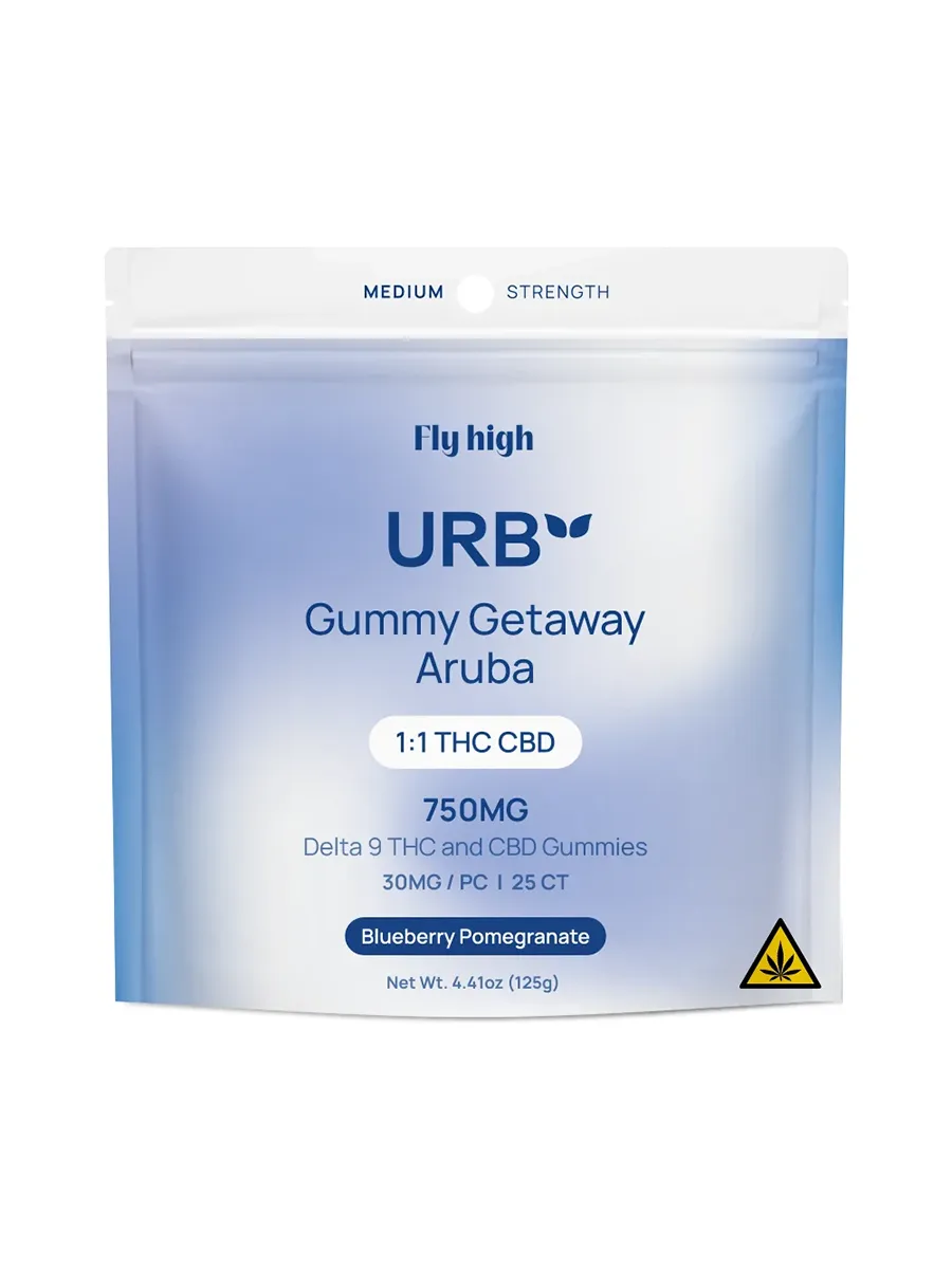 Blueberry Pomegranate Fly High URB 1:1 THC D9 CBD Getaway Aruba Gummies 750mg 25ct
