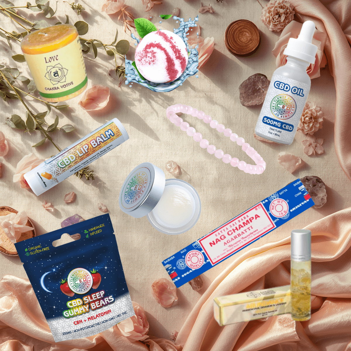 ๐ The Mind, Body & Soul Mama Bundle | Essential Oil Crystal roll-on: Pink | CBD Salve Scent: Eucalyptus | Satya Incense: Scent 1